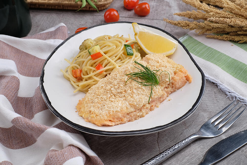 Baked Salmon with Mustard Cream and Garlic Pasta