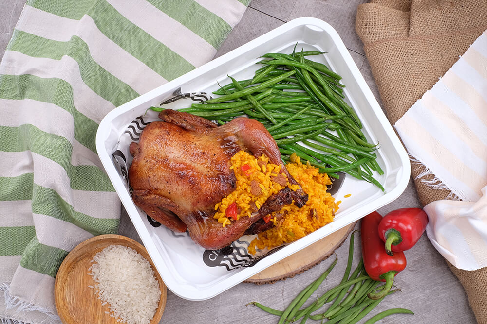 Roast Chicken Stuffed with Paella Rice