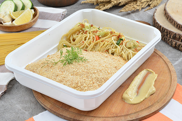 Baked Salmon with Mustard Cream and Garlic Pasta