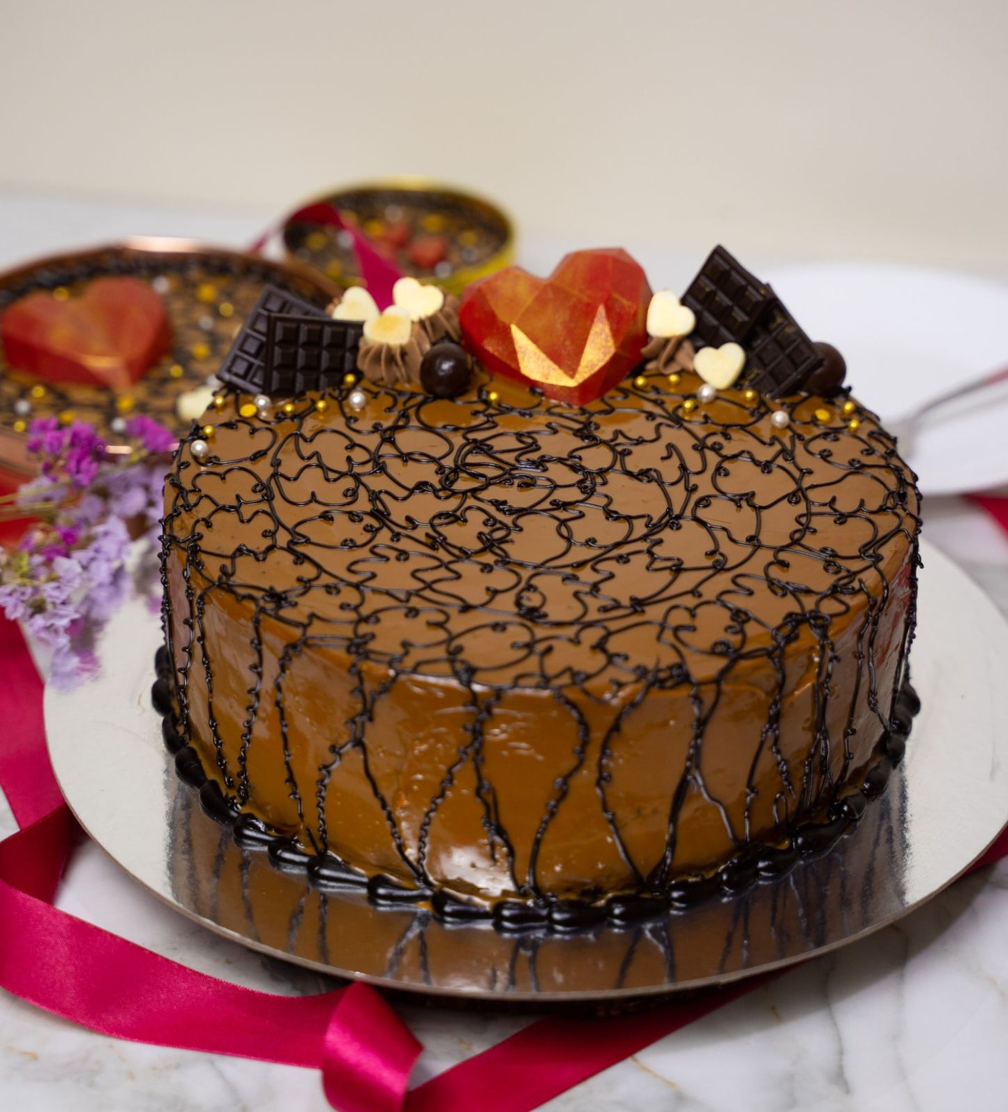 Chocolate Caramel Cake with Heart Theme